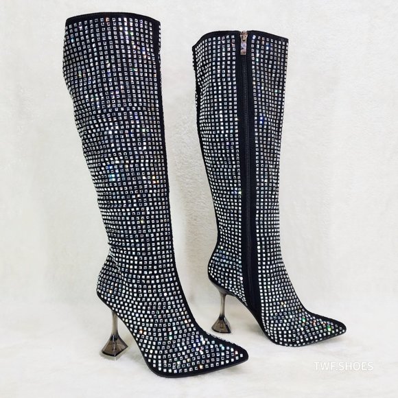 Glamour Shot Mirror Rhinestone Tinted 4" Pyramid Heel Knee High Boots Black - Picture 5 of 10